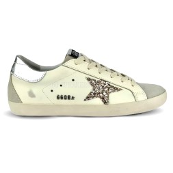 Golden Goose Super-Star With Gold Glitter Star and Ice-Gray Suede Inserts