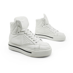 Prada Nylon And Leather High-Top Sneakers White